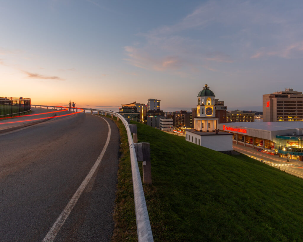 Sunset in Halifax that includes the Halifax Town Clock. 