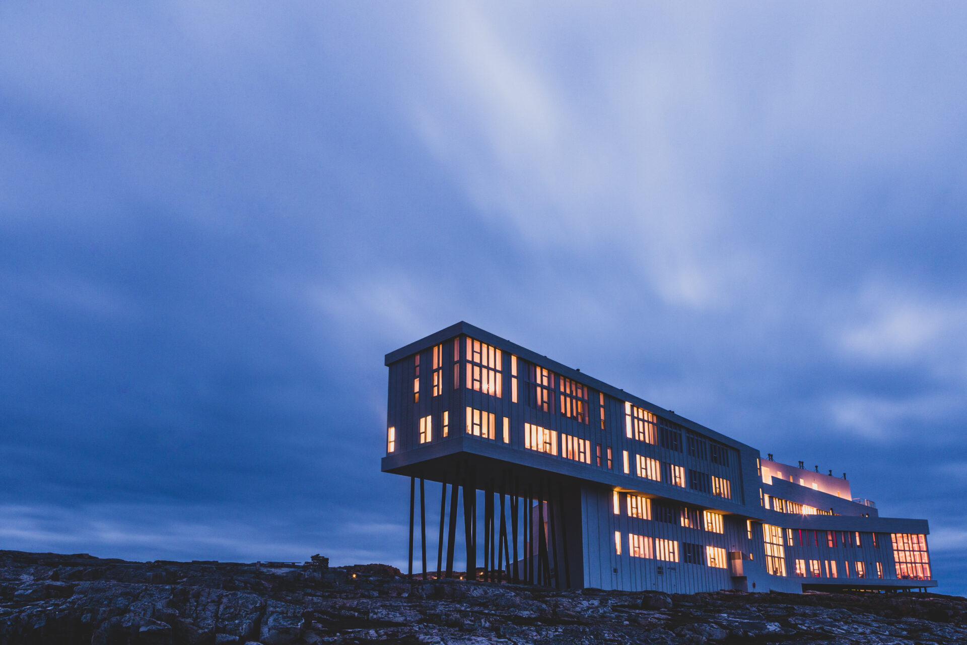 Fogo Island Inn, one of the top hotels in the world, with breathtaking views of the surrounding landscape, located in Central Newfoundland.