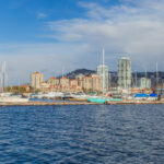 Panoramic view featuring the cityscape, mountains in the background, and boats docked at the marina.