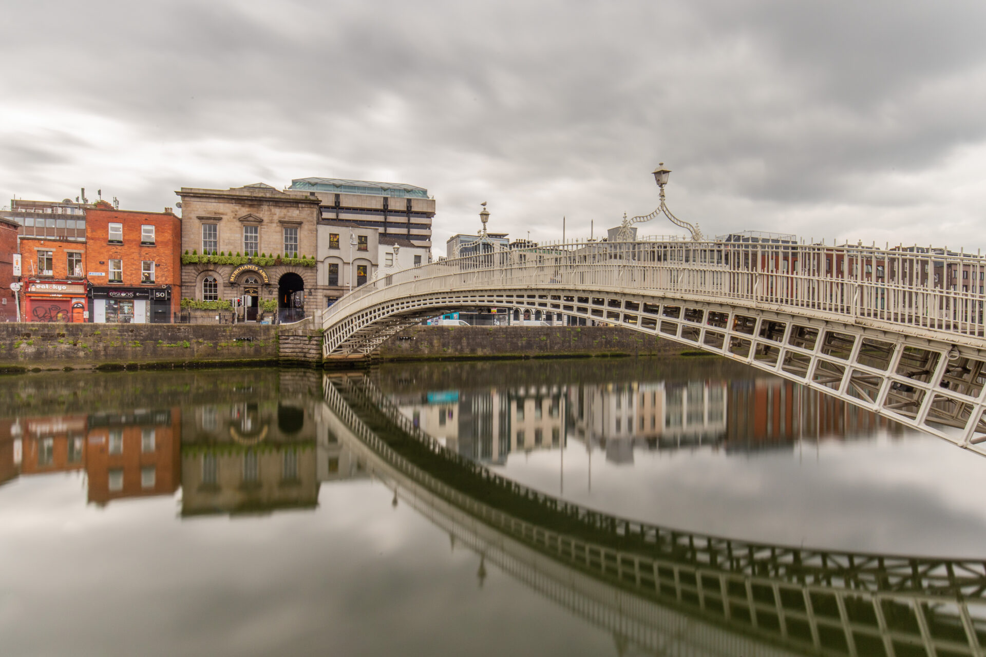 Ha'penny Bridge in Dublin, one of the oldest footbridges over the Liffey River, captured at dusk.