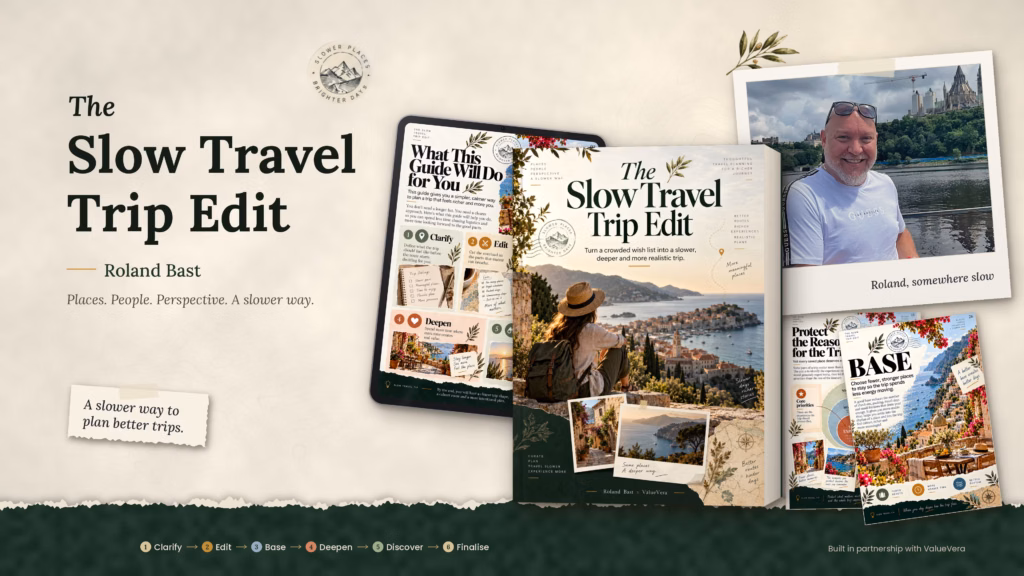 Alt text:The Slow Travel Trip Edit by Roland Bast, a digital travel planning guidebook featuring practical tips, reusable worksheets and step-by-step itinerary planning tools.
